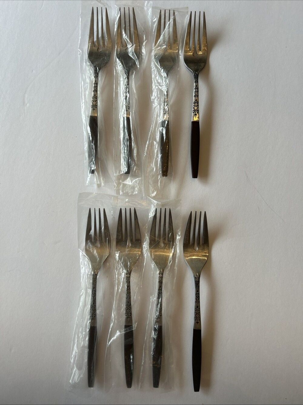 Vtg Interpur INR2 Dinner Forks Set 8 Stainless Brown Handle NOS Replacement